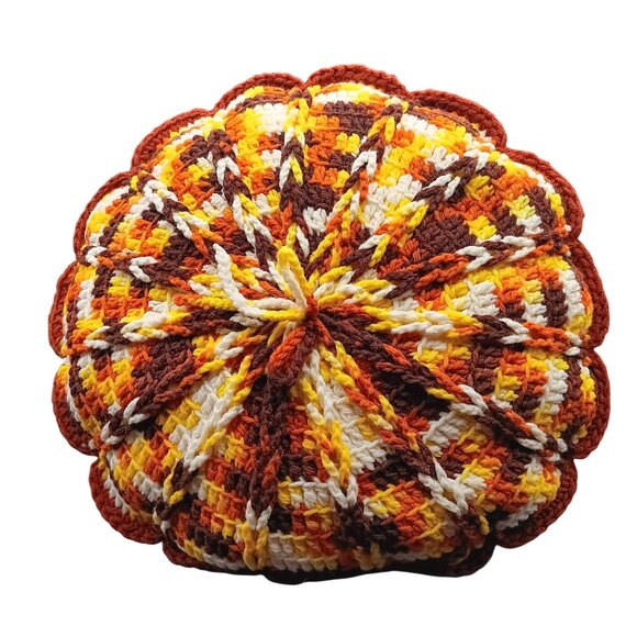 Handmade Other - Handmade Vintage Crocheted Round Cushion Multicolor Autumn Tones Textured Scallo